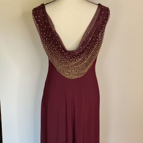 Cachet Gown Maxi Gold Beads Front & Back Neckline Burgundy Color Formal Gown - Picture 5 of 13
